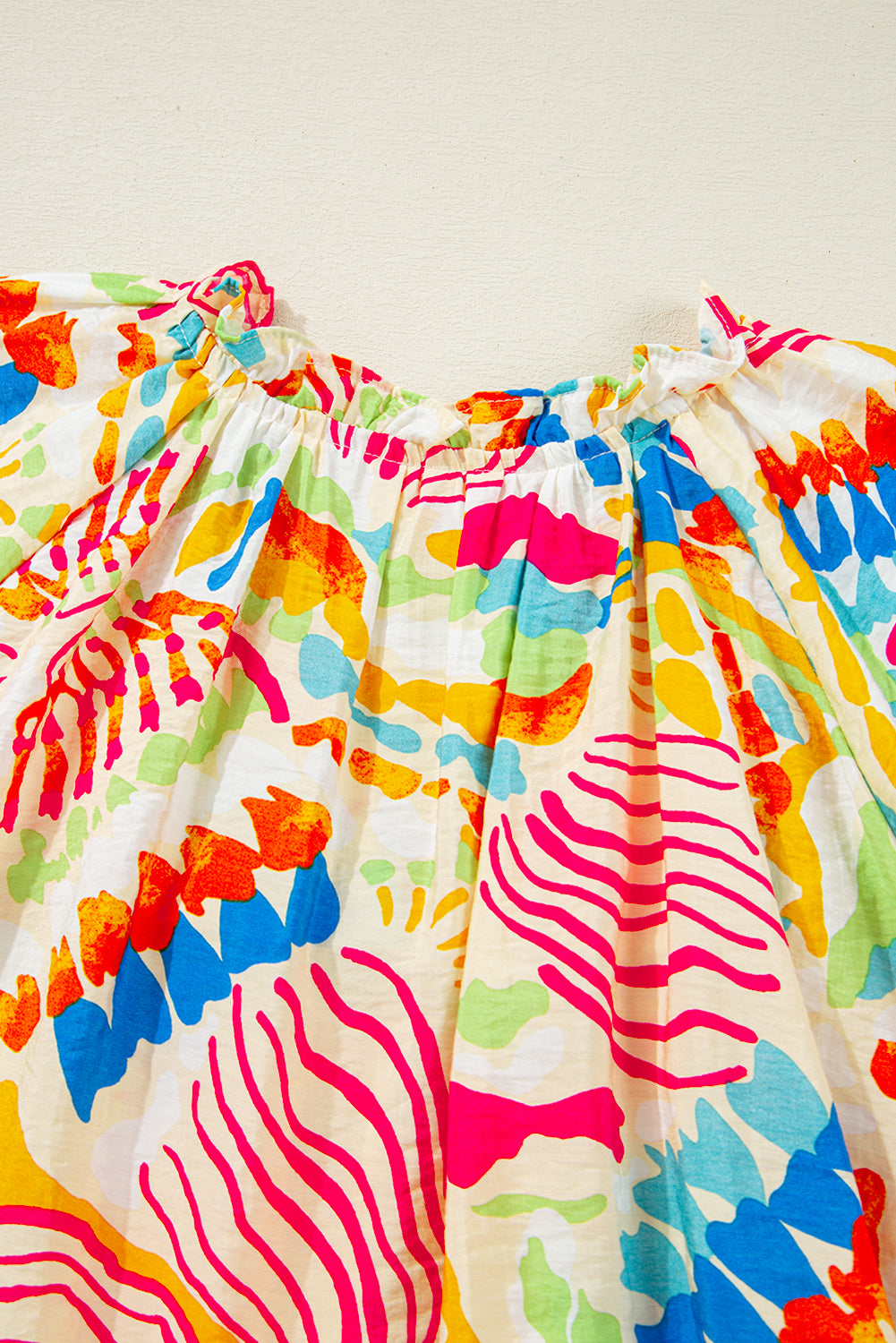 Orange Abstract Printed Shirred Bubble Half Sleeve V Neck Blouse Blouses & Shirts JT's Designer Fashion