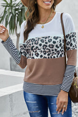 Brown Stripes Leopard Splicing Colorblock Long Sleeve Top Long Sleeve Tops JT's Designer Fashion