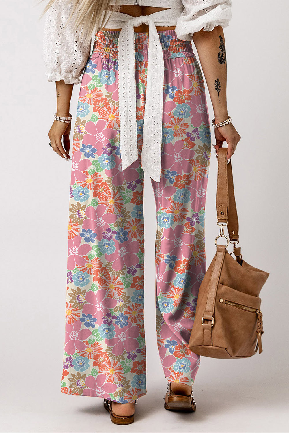 Pink Floral Smocked Waist Loose Pants Bottoms JT's Designer Fashion