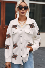 Beige Sequin Turkey Patched Graphic Flap Pocket Textured Shacket Jackets JT's Designer Fashion