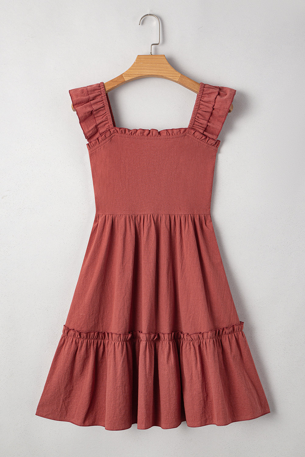 Red Sandalwood Geometric Stitch Shirred Bodice Ruffled Trim Sleeveless Mini Dress Dresses JT's Designer Fashion