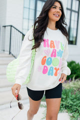 Beige HAVE A GOOD DAY Drop Shoulder Graphic Sweatshirt Graphic Sweatshirts JT's Designer Fashion