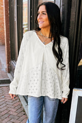 White Twisted Rib Patchwork Embroidered Loose V Neck Long Sleeve Top Blouses & Shirts JT's Designer Fashion
