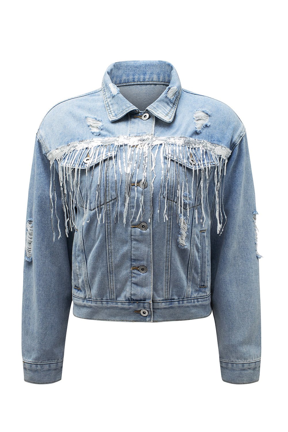 Sky Blue Sequin Embellished Fringe Distressed Denim Jacket Denim Jackets JT's Designer Fashion