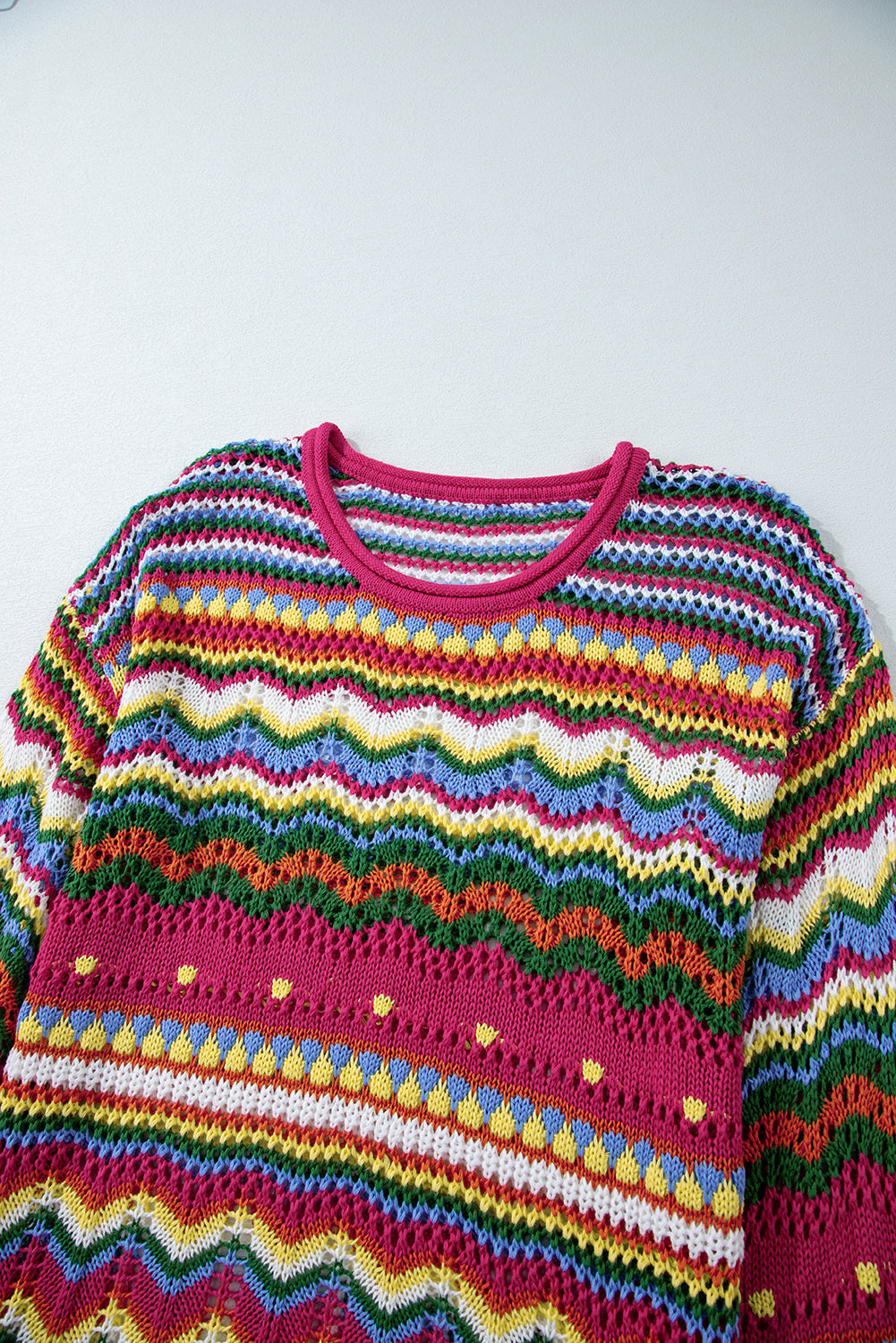 Rose Red Colorblock Striped Hollowed Knit Loose Sleeve Sweater Sweaters JT's Designer Fashion