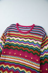 Rose Red Colorblock Striped Hollowed Knit Loose Sleeve Sweater Sweaters JT's Designer Fashion