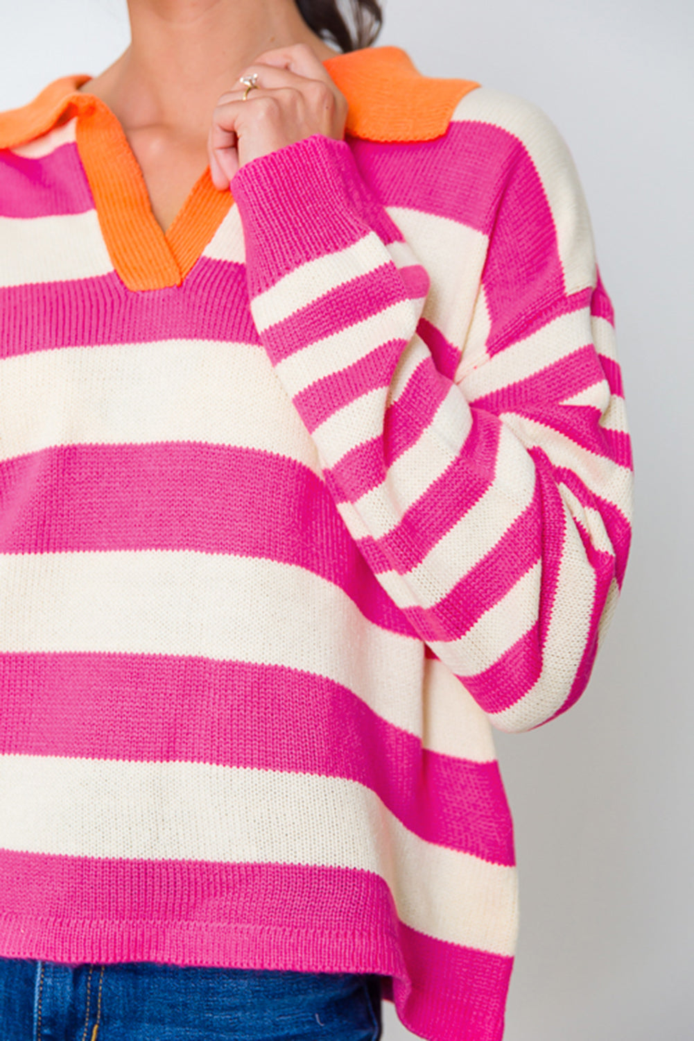 Rose Stripe Color Block Collared V Neck Drop Shoulder Sweater Sweaters JT's Designer Fashion
