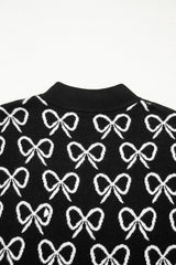 Black Cute Bow Pattern Drop Shoulder Zipped Collar Sweater Sweaters JT's Designer Fashion