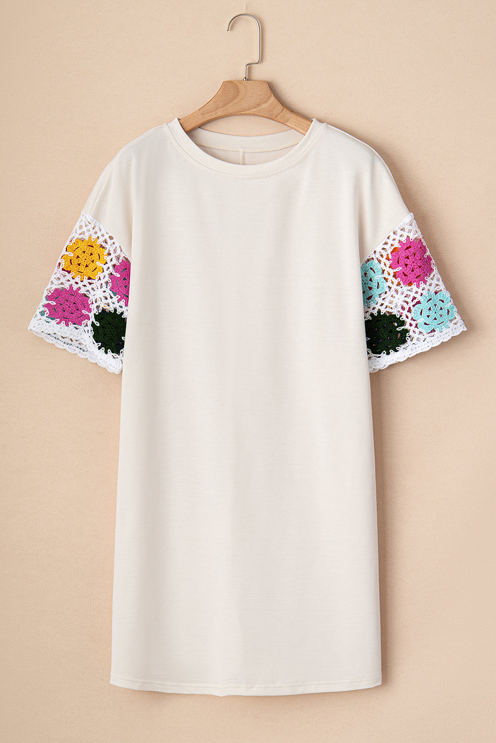 White Floral Crochet Splicing Sleeve T Shirt Dress T Shirt Dresses JT's Designer Fashion