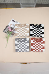 Brown Checkered Print Drop Shoulder Round Neck Sweater Sweaters JT's Designer Fashion