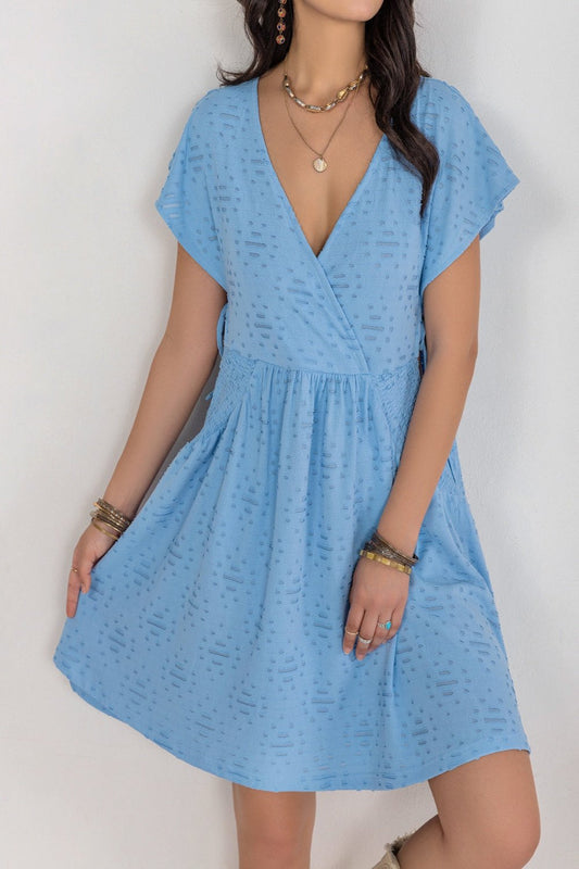 Cutout Surplice Short Sleeve Dress Light Blue Mini Dresses JT's Designer Fashion