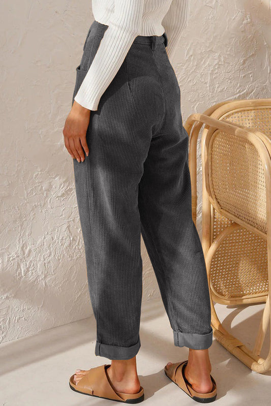 Gray Corduroy High Waist Straight Leg Pants Pants & Culotte JT's Designer Fashion
