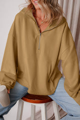 Brown Fleece Lined Half Zipper Kangaroo Pockets Loose Hoodie Sweatshirts & Hoodies JT's Designer Fashion