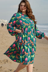 Green Horse Printed Long Sleeve Collared Buttoned Plus Size Midi Dress Plus Size Midi Dresses JT's Designer Fashion