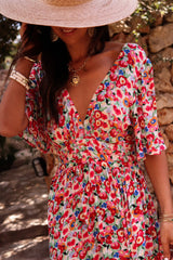 Red Floral Half Sleeve Deep V Neck Cutout Back Split Maxi Dress Floral Dresses JT's Designer Fashion