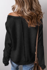 Black Solid Waffle Knit Patchwork Raglan Sleeve Sweatshirt Sweatshirts & Hoodies JT's Designer Fashion