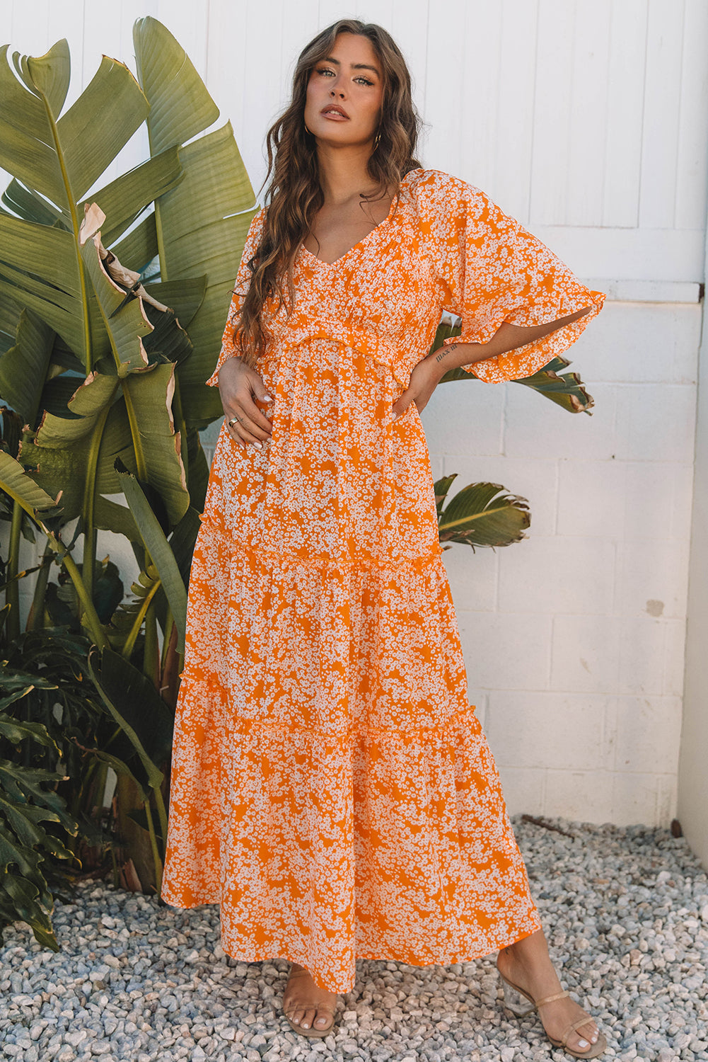 Orange Floral Print Smocked V Neck Wide Sleeve Maxi Dress Floral Dresses JT's Designer Fashion