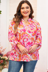 Pink Plus Size Abstract Floral Print V Neck Blouse Plus Size Blouses & Shirts JT's Designer Fashion