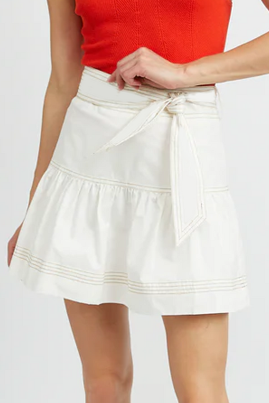 White Contrast Stitching Trim Knotted High Waist A-Line Mini Skirt Skirts & Petticoat JT's Designer Fashion