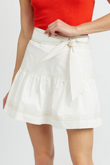White Contrast Stitching Trim Knotted High Waist A-Line Mini Skirt Skirts & Petticoat JT's Designer Fashion