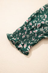 Green Smocked Square Neck Puff Short Sleeve Floral Dress Floral Dresses JT's Designer Fashion