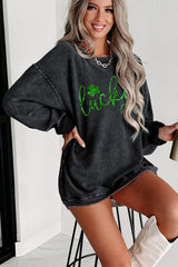 Black Shiny Lucky Clover Corded Drop Shoulder Sweatshirt Graphic Sweatshirts JT's Designer Fashion