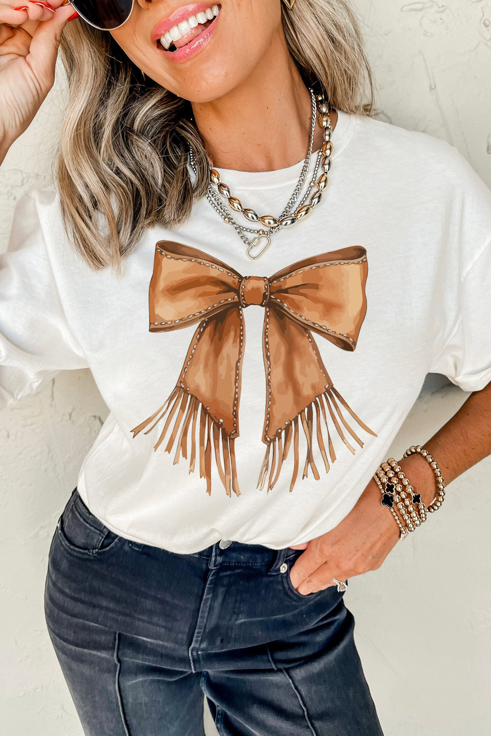 White Tassel Bowknot Print Round Neck Western Fashion T Shirt Graphic Tees JT's Designer Fashion
