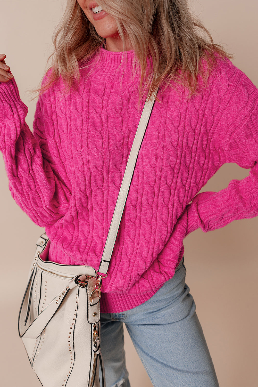 Rose Red Solid Cable Knit High Neck Drop Shoulder Sweater Sweaters JT's Designer Fashion