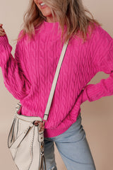 Rose Red Solid Cable Knit High Neck Drop Shoulder Sweater Sweaters JT's Designer Fashion
