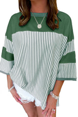 Mist Green Striped Patchwork 3/4 Sleeve Oversize Top Long Sleeve Tops JT's Designer Fashion