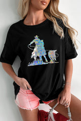 Black Laser Western Cowboy Graphic Crewneck Tee Graphic Tees JT's Designer Fashion