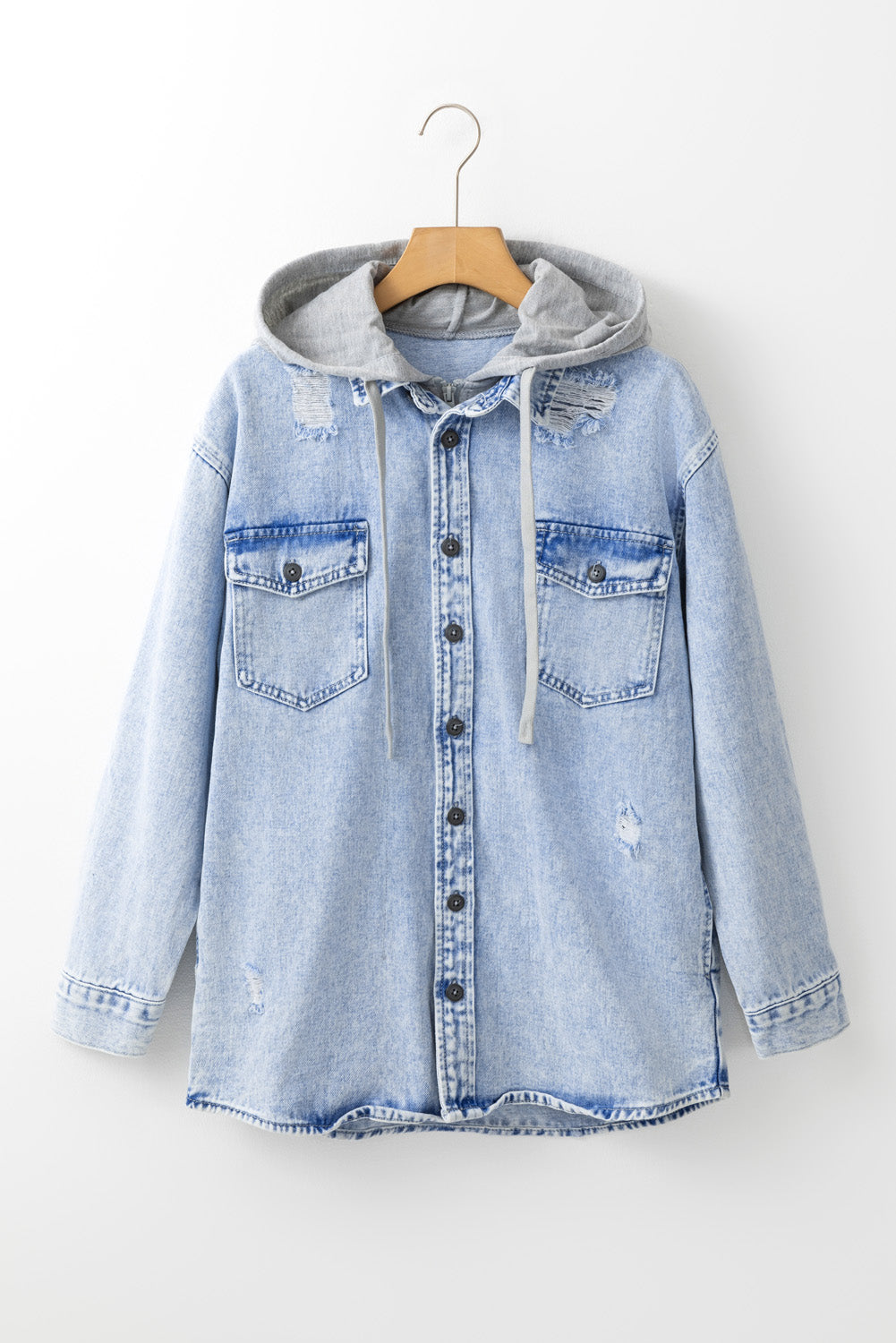 Mist Blue Oversized Contrast Hooded Denim Jacket Denim Jackets JT's Designer Fashion