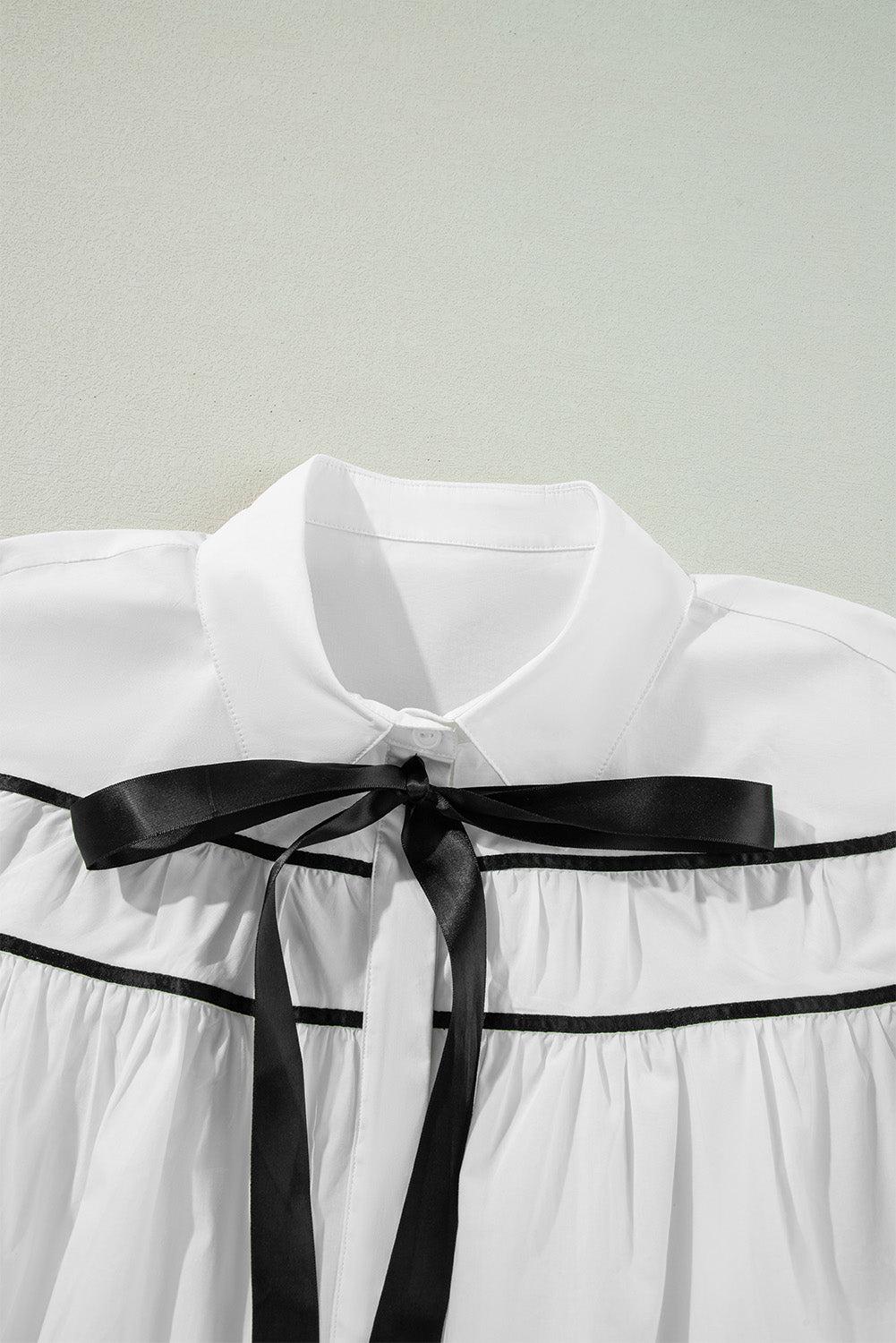 White Black Pipping Ribbon Bowtie Collared Ruffled Puff Sleeve Shirt Blouses & Shirts JT's Designer Fashion