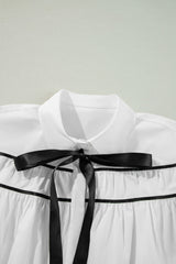 White Black Pipping Ribbon Bowtie Collared Ruffled Puff Sleeve Shirt Blouses & Shirts JT's Designer Fashion