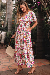 Red Floral Short Sleeve V Neck High Waist Maxi Dress Floral Dresses JT's Designer Fashion