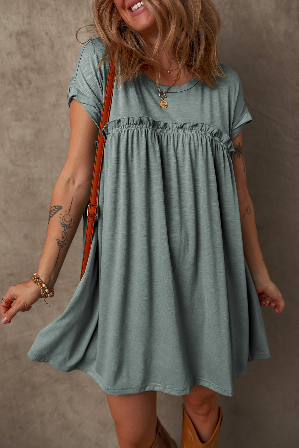 Mist Green Frilled Gathered Seam Round Neck T Shirt Dress T Shirt Dresses JT's Designer Fashion
