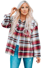 Fiery Red Geometric Plaid Print Pocketed Shacket Plaid Shackets JT's Designer Fashion