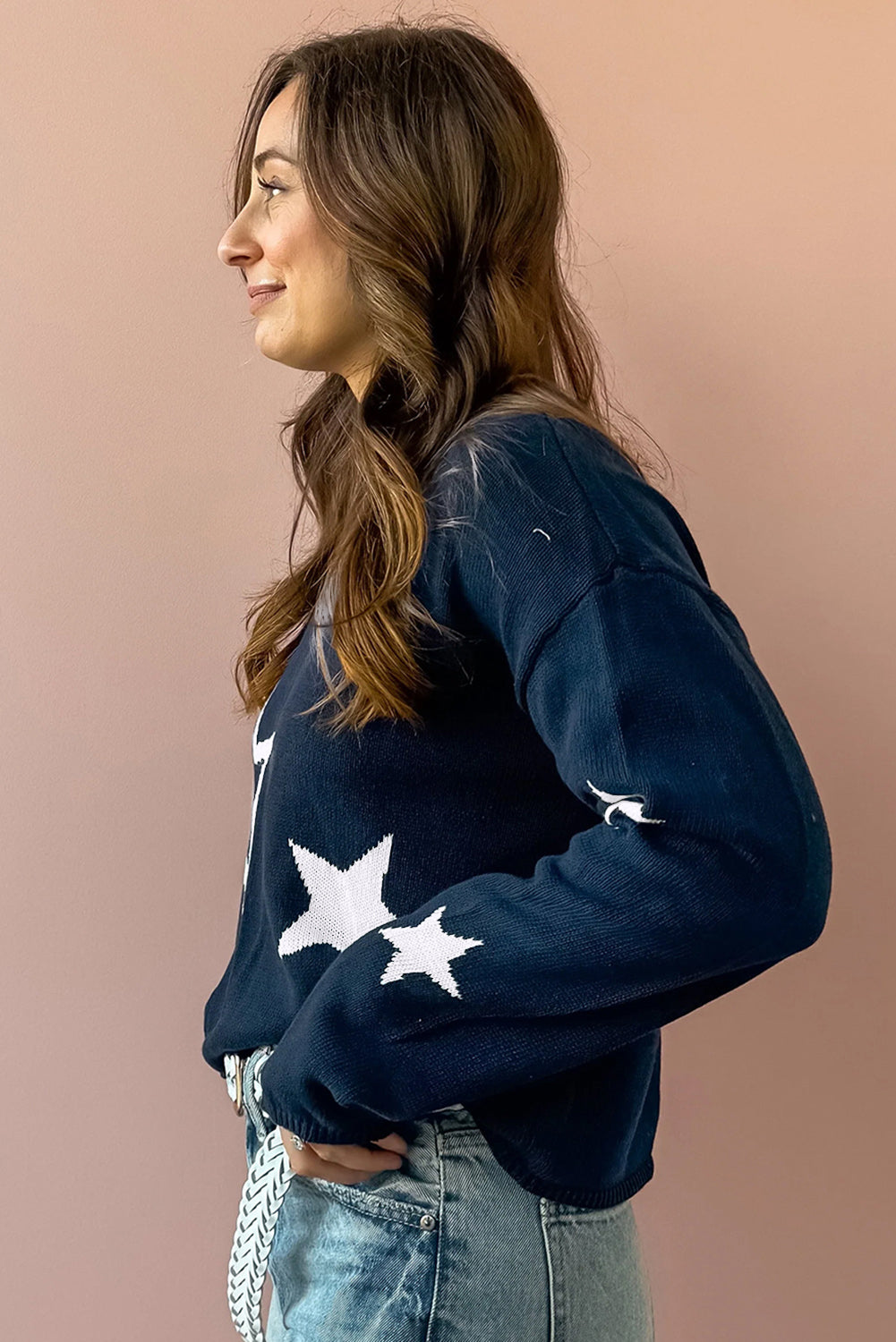 Sail Blue Star Pattern Drop Shoulder Knitted Sweater Sweaters JT's Designer Fashion