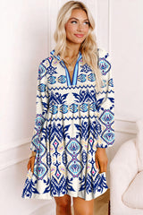 Blue Ethnic Print Striped Split Neck Long Sleeve Flowy Mini Dress Mini Dresses JT's Designer Fashion