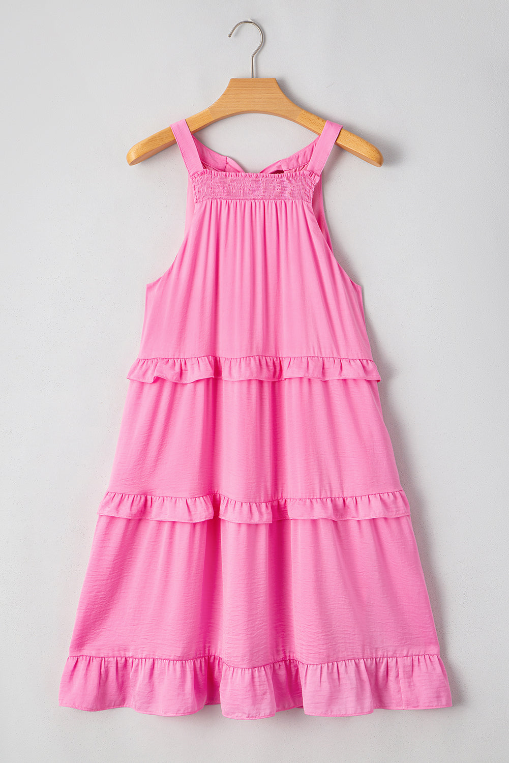 Pink Smocked Neck Knot Back Frilly Tiered Sleeveless Mini Dress Mini Dresses JT's Designer Fashion