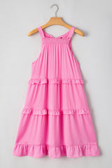 Pink Smocked Neck Knot Back Frilly Tiered Sleeveless Mini Dress Mini Dresses JT's Designer Fashion