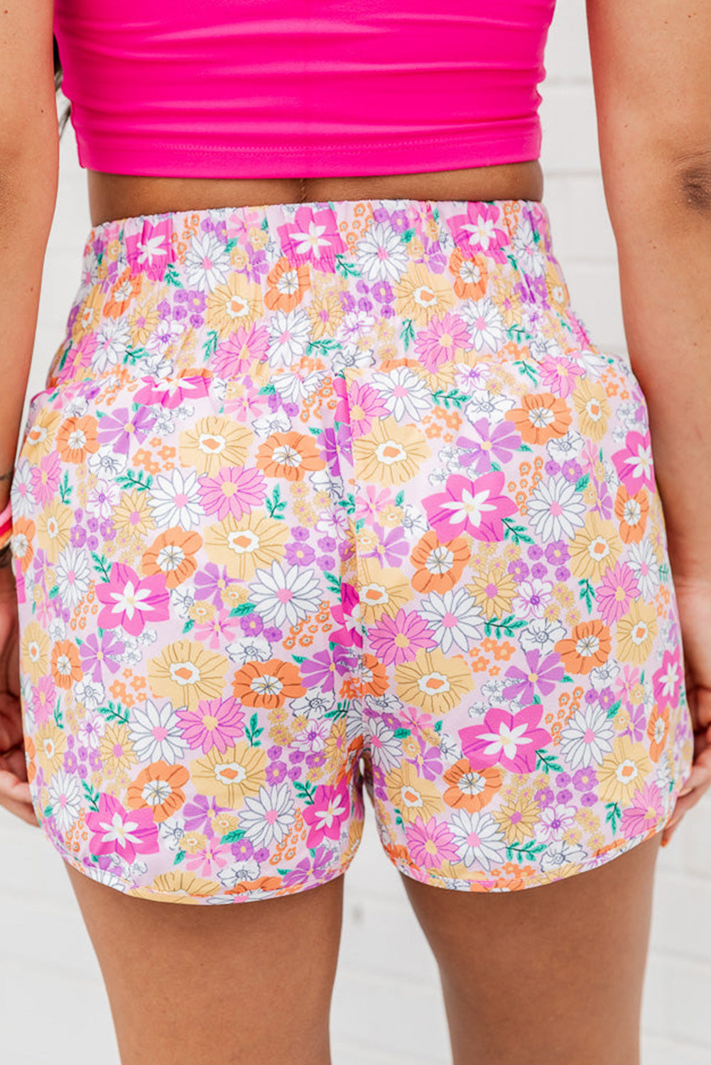 Pink Boho Floral Shirred High Waist Casual Shorts Bottoms JT's Designer Fashion