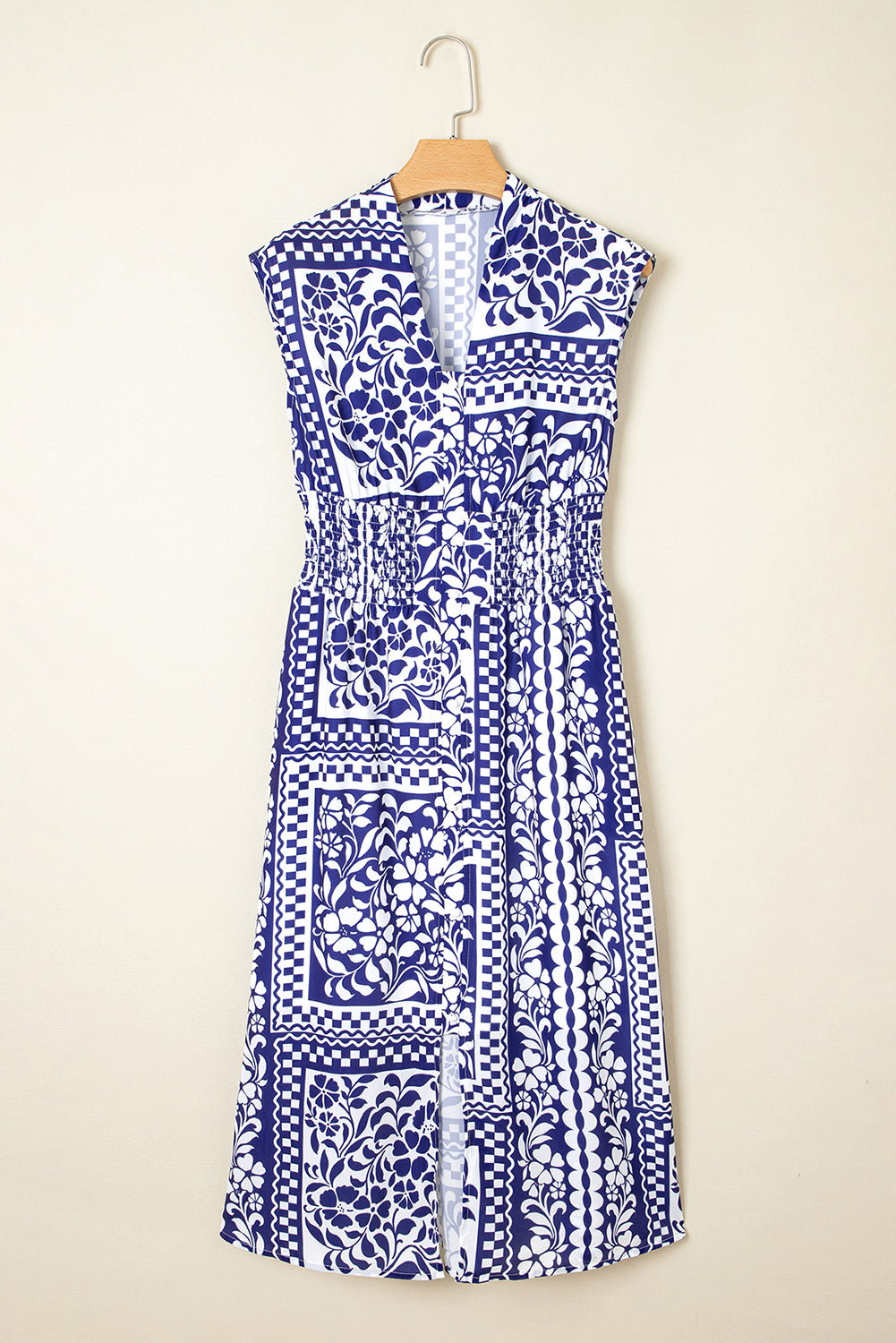 Dirty blue Shirred Waist V Neck Sleeveless Floral Print Long Dress Dresses JT's Designer Fashion
