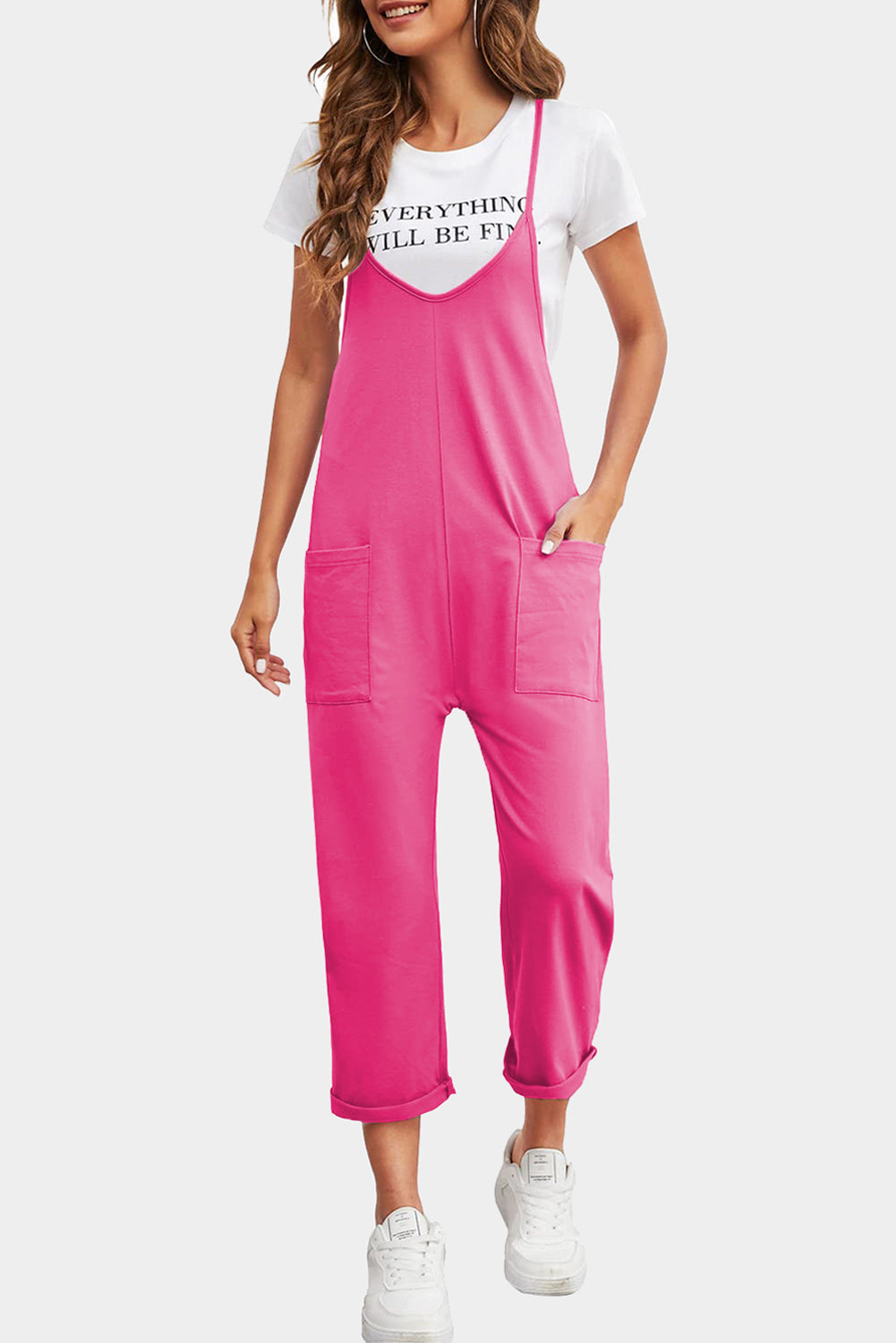 Rose Red Black Pocketed Adjustable Spaghetti Strap Straight Leg Jumpsuit Bottoms JT's Designer Fashion