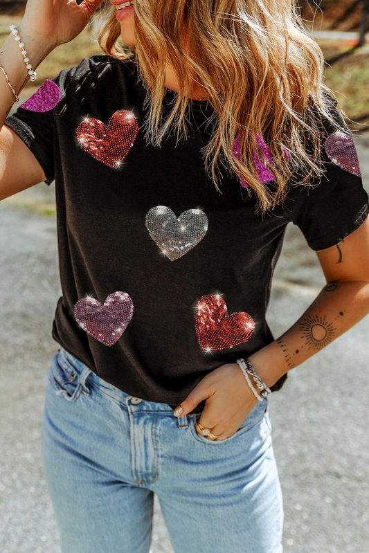 Black Sequin Heart Patched Pattern Crewneck Valentines Tee Graphic Tees JT's Designer Fashion