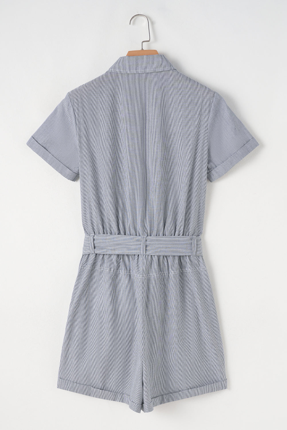 Blue Stripe Chest Pockets Buttoned Belted High Waist Romper Jumpsuits & Rompers JT's Designer Fashion