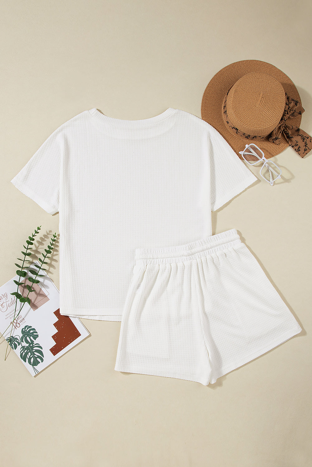 White Casual Textured Tee and Drawstring Shorts Set Short Sets JT's Designer Fashion