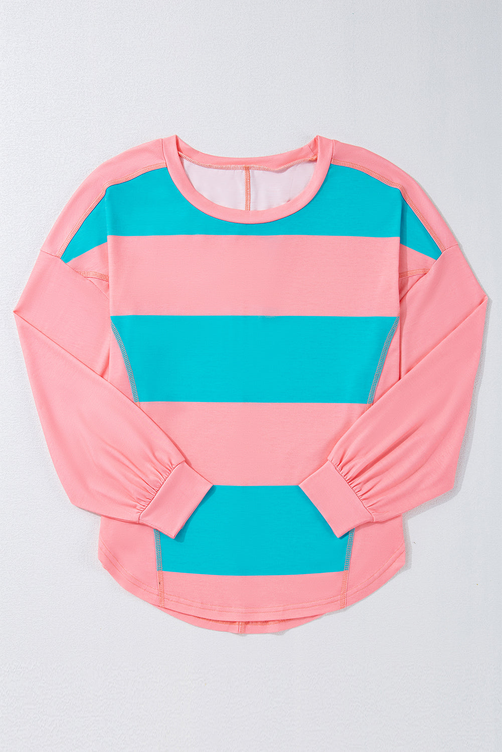 Light Blue Colorblock Striped Drop Shoulder Loose Top Long Sleeve Tops JT's Designer Fashion