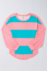 Light Blue Colorblock Striped Drop Shoulder Loose Top Long Sleeve Tops JT's Designer Fashion
