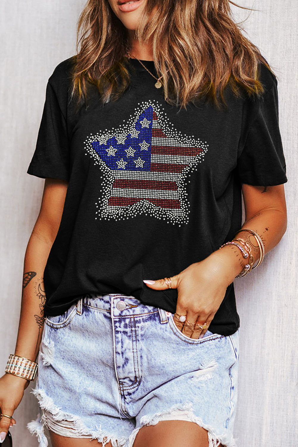 Black Flag Inspired Rhinestone Star Graphic T Shirt Graphic Tees JT's Designer Fashion